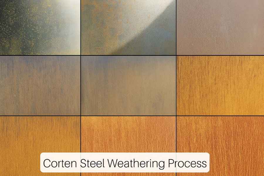 A 3x3 grid showing nine different Corten Steel weathering finish samples, ranging from dark green and gray to rust orange and brown, with a label at the bottom reading 'Corten Steel Weathering Process'.