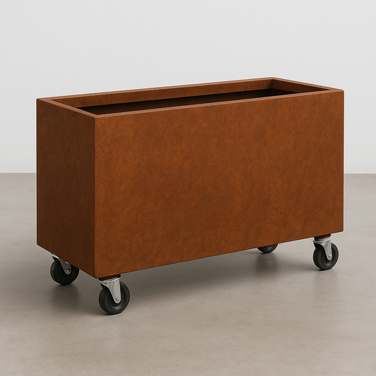 Corten steel cafe barrier planter defining an outdoor dining area