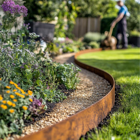Steel garden edging defining a lawn border