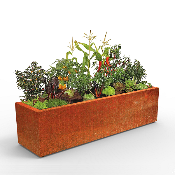 Weathered Corten steel trough planter with flowers