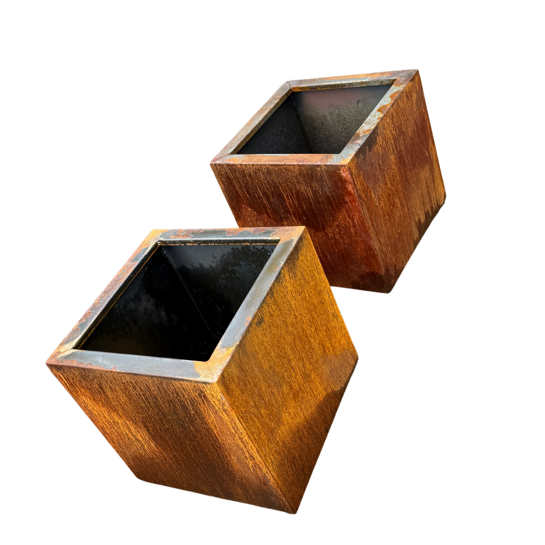 Classic mild steel cube planter compared to Corten steel finish