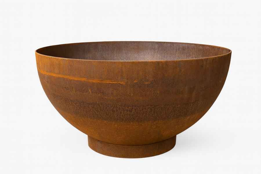 A large round outdoor Corten steel water bowl featuring a textured brown and orange patina, shown on a clean white background.