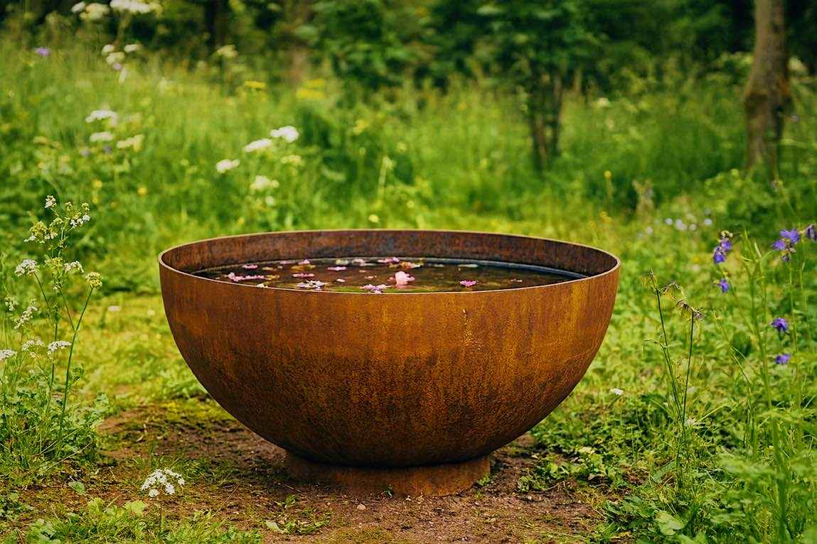 A large round deep corten steel water bowl filled with water and floating flower petals, situated outdoors in a grassy garden setting.
