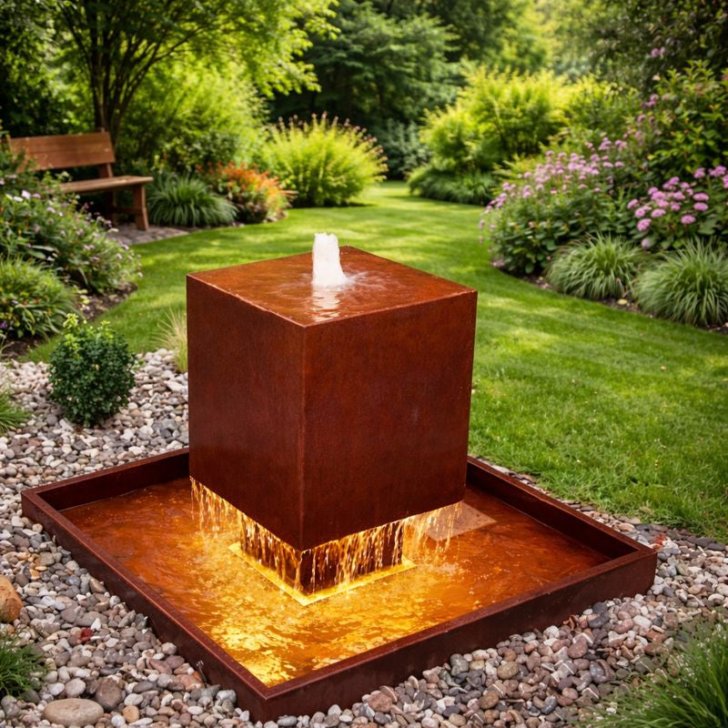 Corten Steel Floating Cube Water Feature