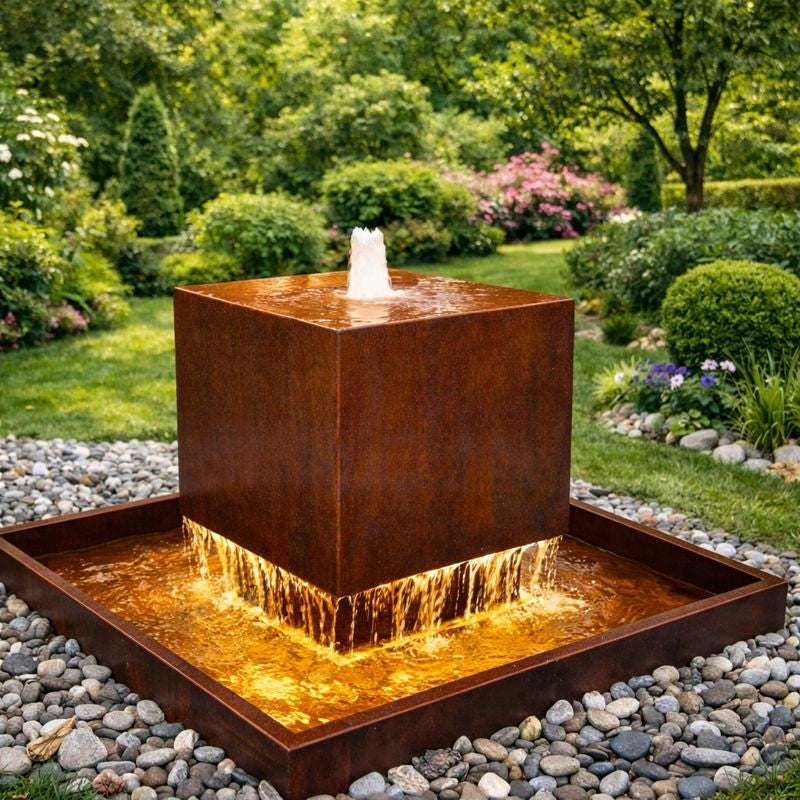 Corten Steel Floating Cube Water Feature