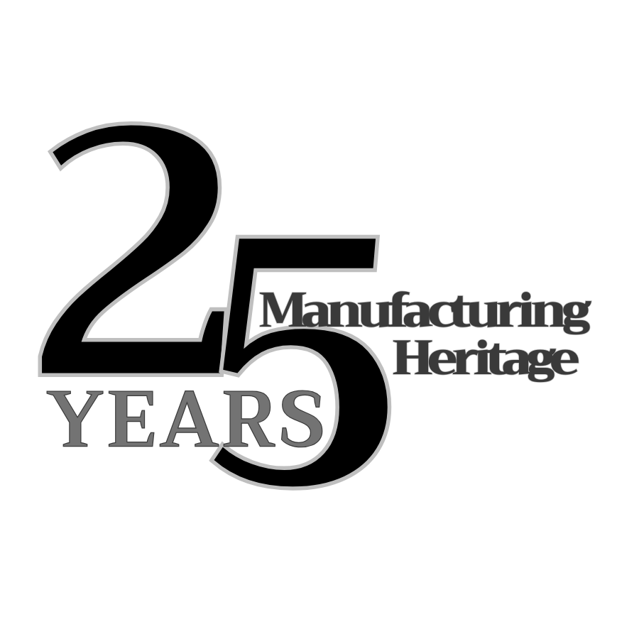 Black text on a white background celebrating 25 years of manufacturing heritage.
