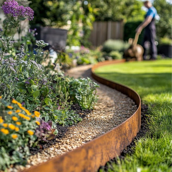 Curved steel garden edging creating a border between spring flowers and green grass
