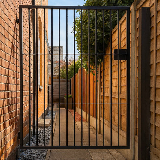 Black metal gate in a garden setting with brick wall and wooden fence.